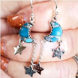 Genuine Turquoise & Pyrite Moon and Stars Earrings